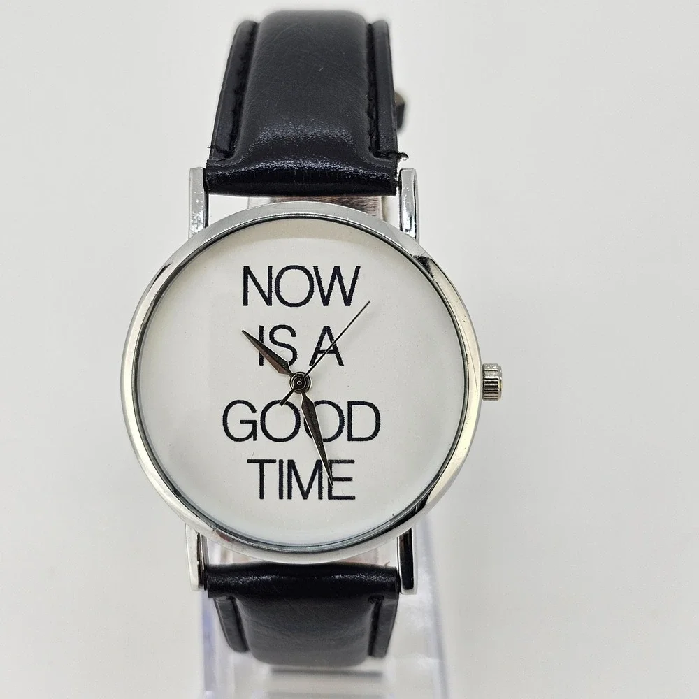 Now Is A Good Time Women's Watch 38MM White Dial Black Leather Bands NEW Battery